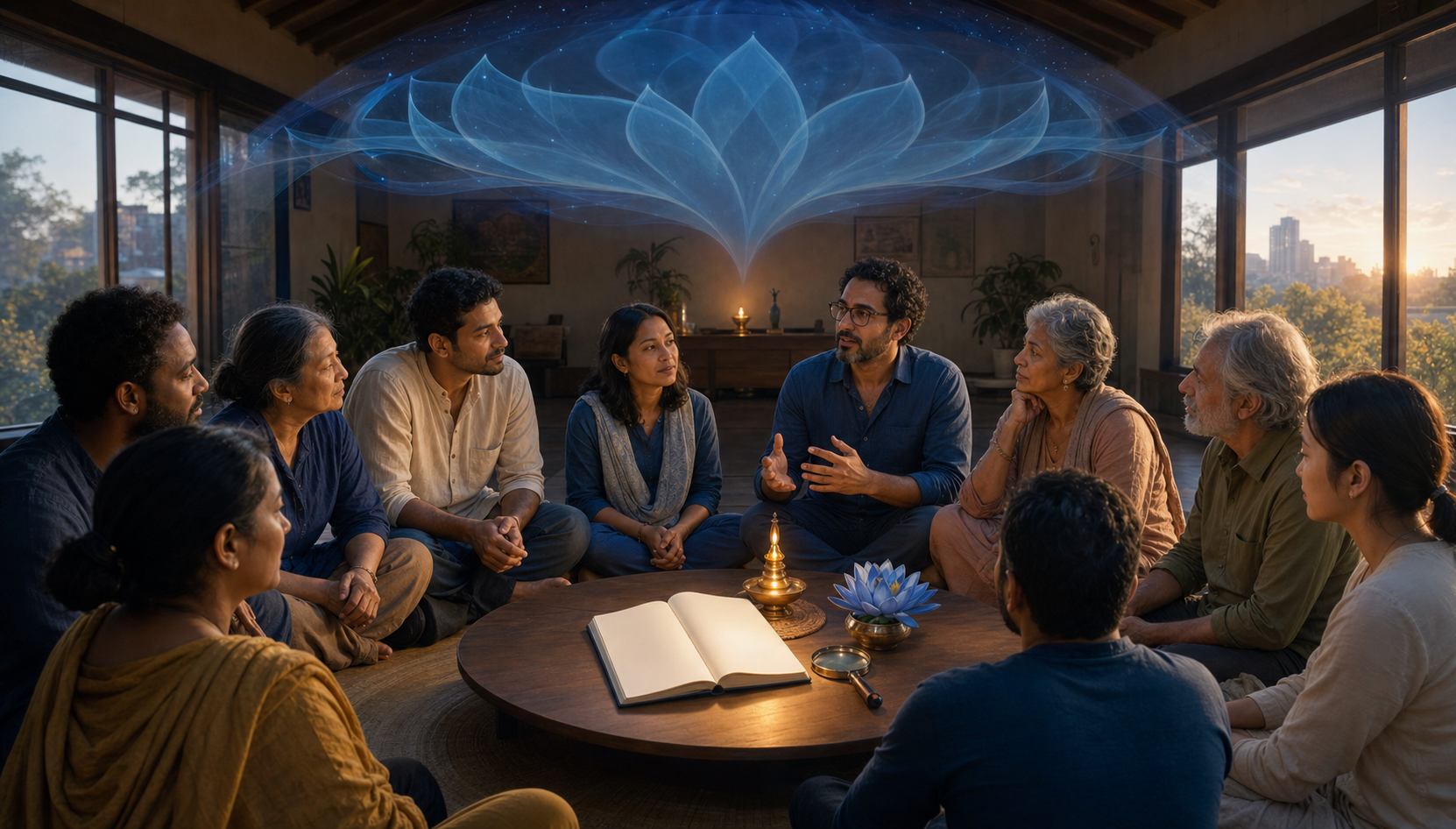 Adults listen to one speaker around a table with a lamp, an open blank notebook, a magnifying lens, and a blue lotus beneath a glowing lotus-shaped canopy.