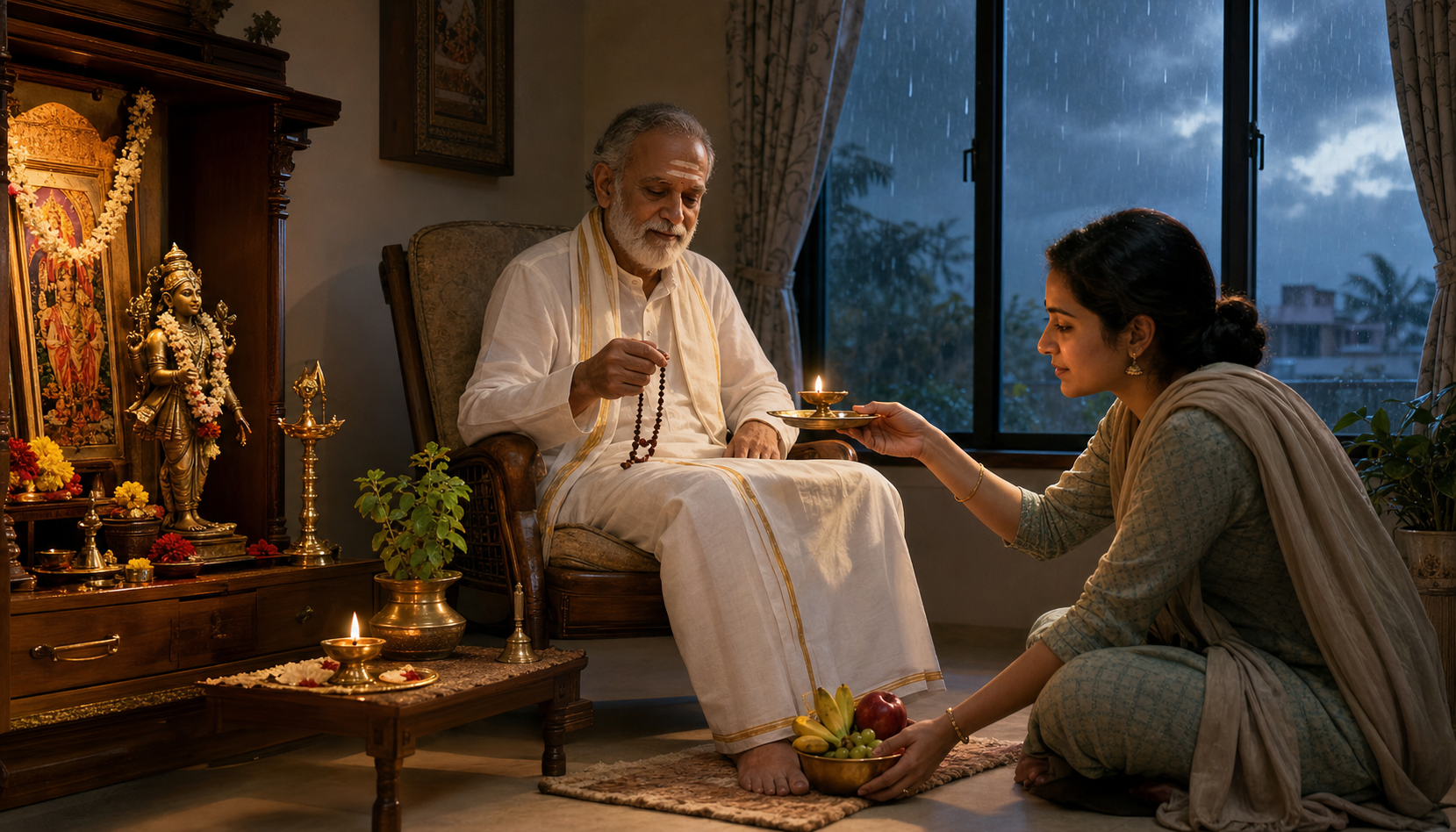 An older devotee prays from a chair as a younger family member tends a home shrine on a rainy evening.