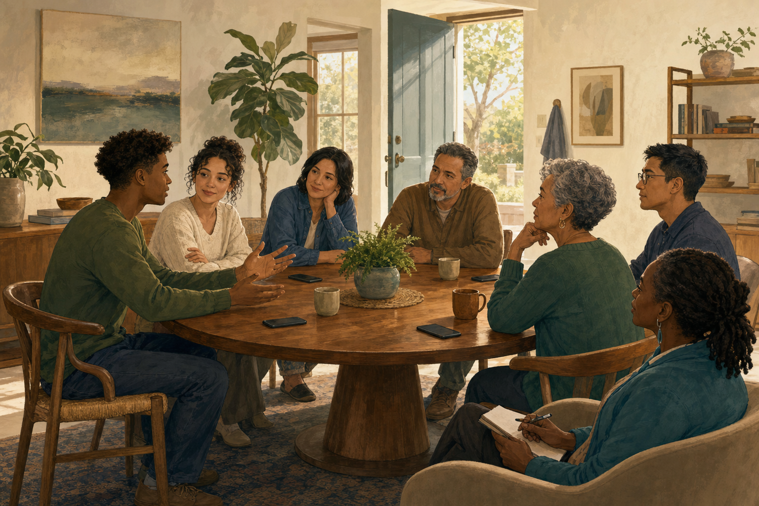Two young adults and several family members have a calm conversation around a round table while a counselor listens nearby and an open doorway remains visible.