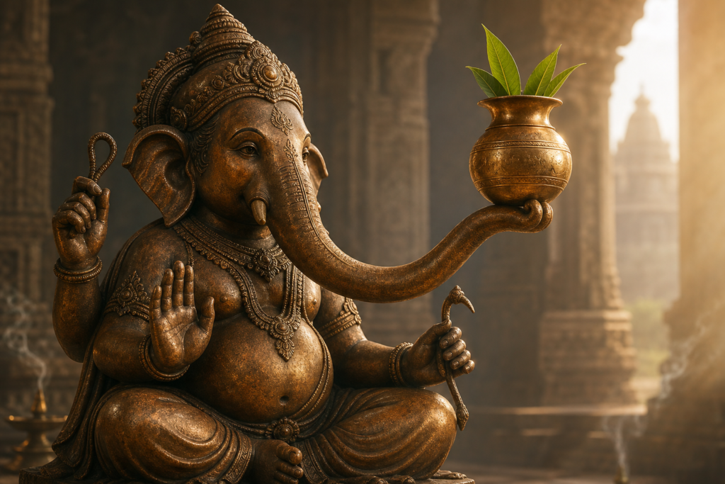 Bronze Ganesha sculpture balancing a mango-leaf-filled kalasha on its curled trunk in a sunlit South Indian temple.