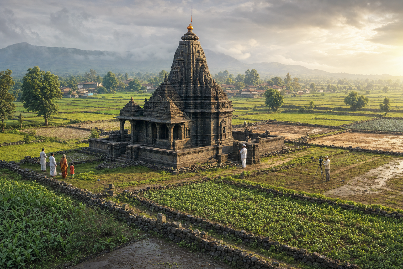 A historic stone temple in Maharashtra surrounded by farm plots, boundary stones, a trustee, a farming family and a land surveyor.