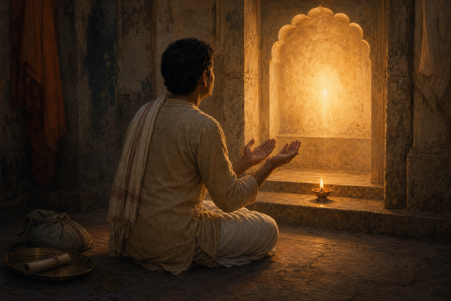 A devotee leaves a balance scale with coins and offerings behind while walking empty-handed toward a warmly lit temple doorway.