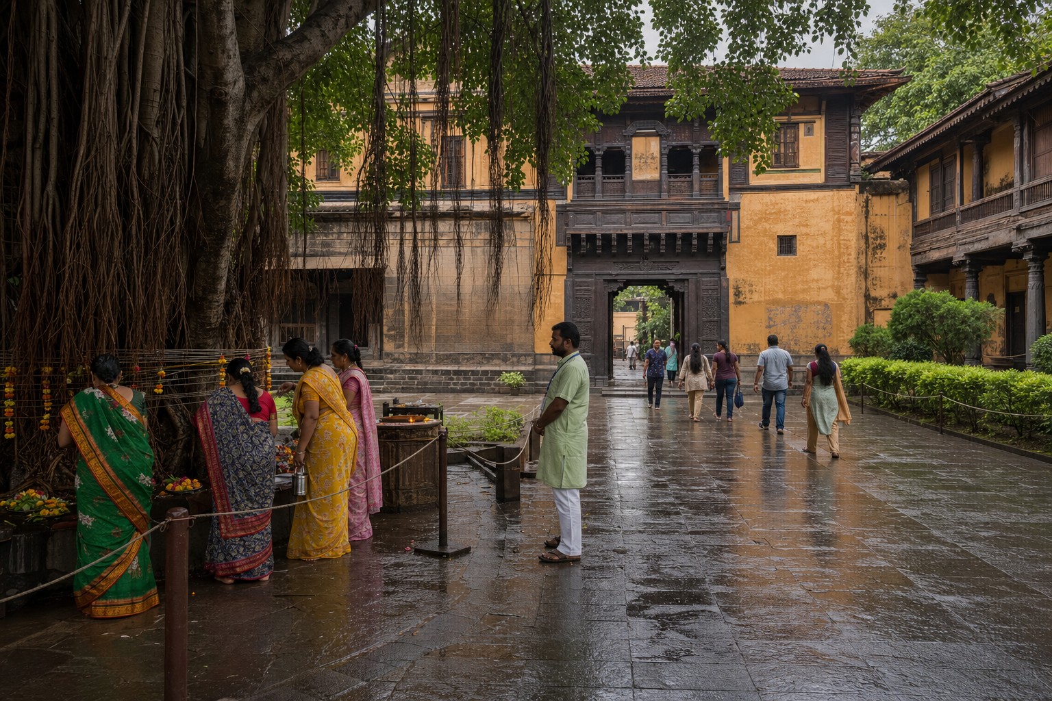 Women perform a quiet ritual around a banyan tree near a historic Pune wada while visitors use a separate managed access lane.