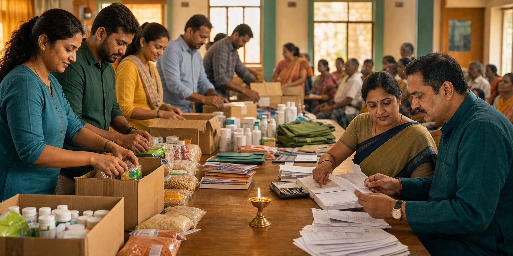 Community volunteers organize food, medical supplies, and school materials beside coordinators reviewing receipts and a ledger in a brightly lit hall.