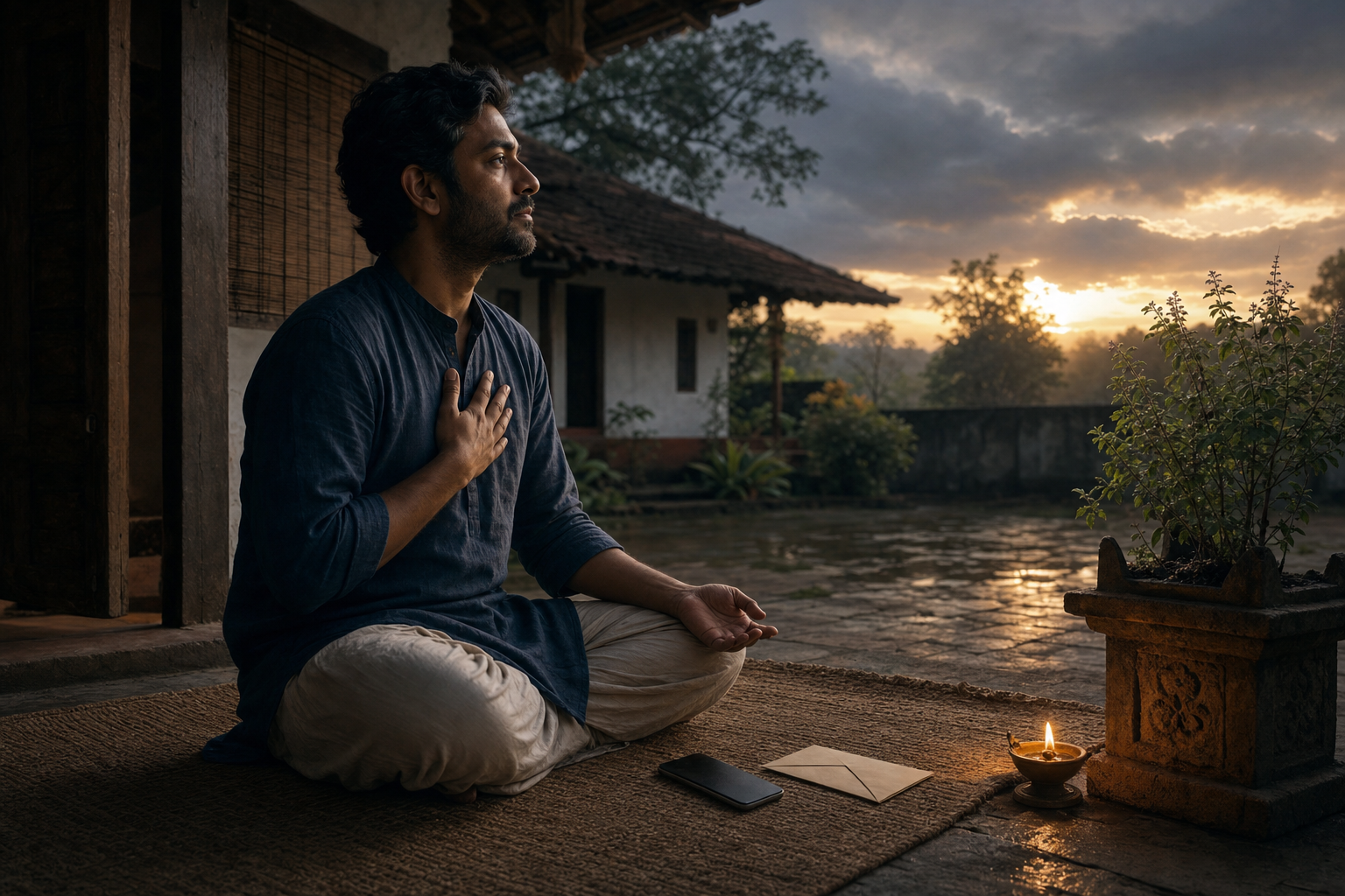 A person sits calmly on a woven mat at dawn beside a face-down phone, a sealed envelope, a small lamp, and a potted plant.