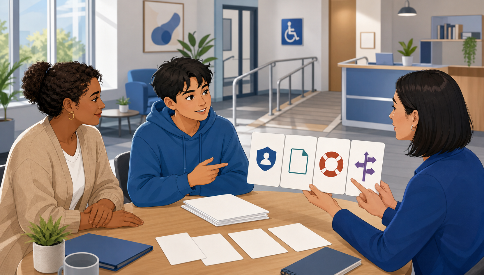 A young adult and trusted companion consult a legal aid adviser who presents blank option cards and several illustrated pathways to support.