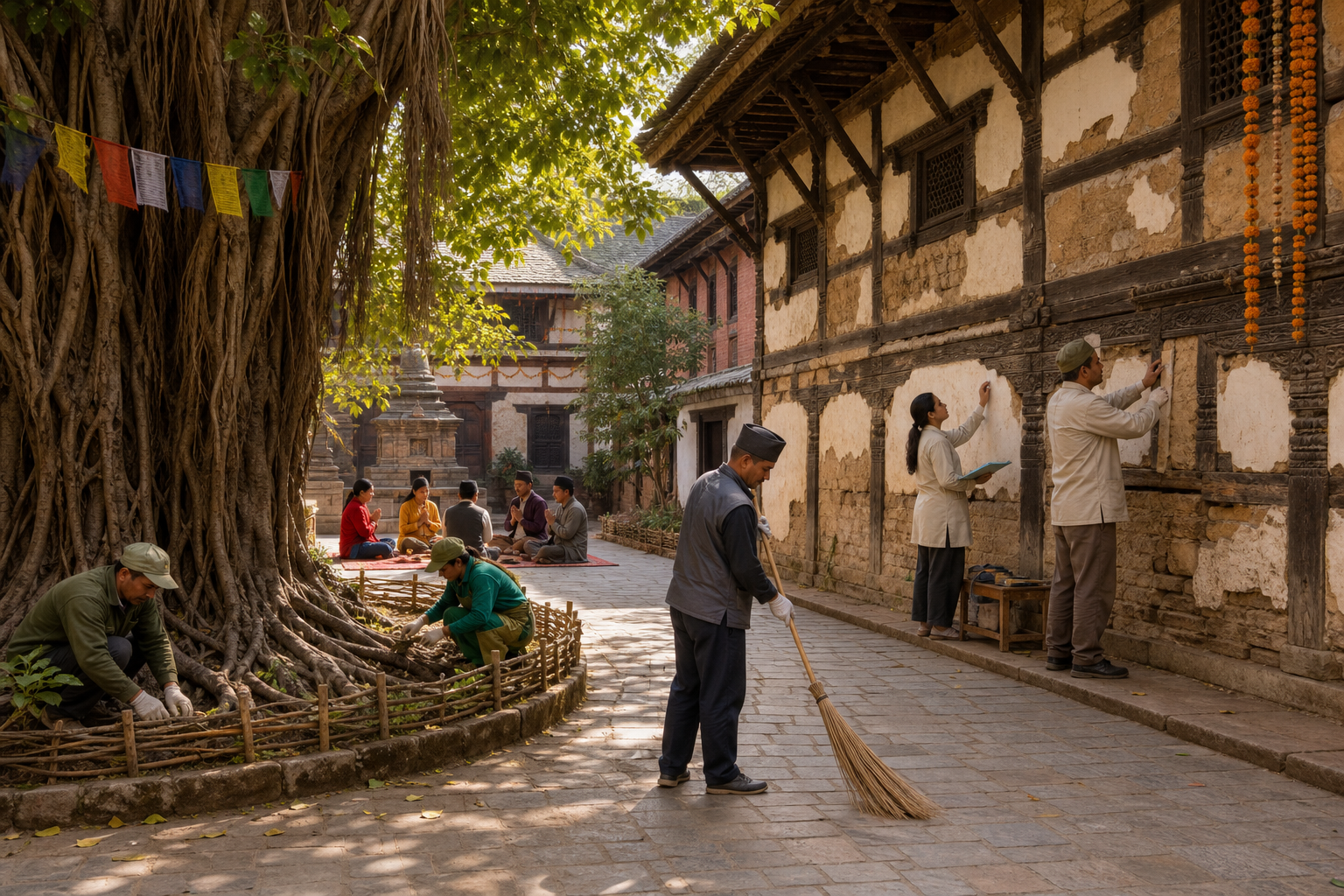 A heritage courtyard contains a prayer gathering, building conservation work, protected banyan roots and a clear pedestrian route.