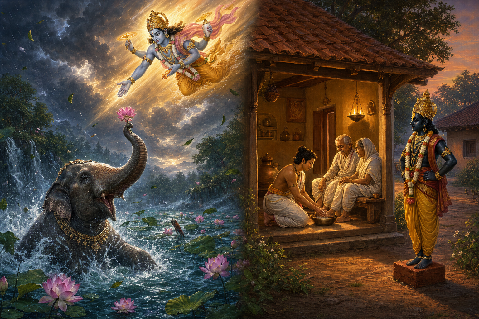 Golden light reaches a person calling for help in a stormy river and rests beside another person washing a traveler's feet beneath a tree.