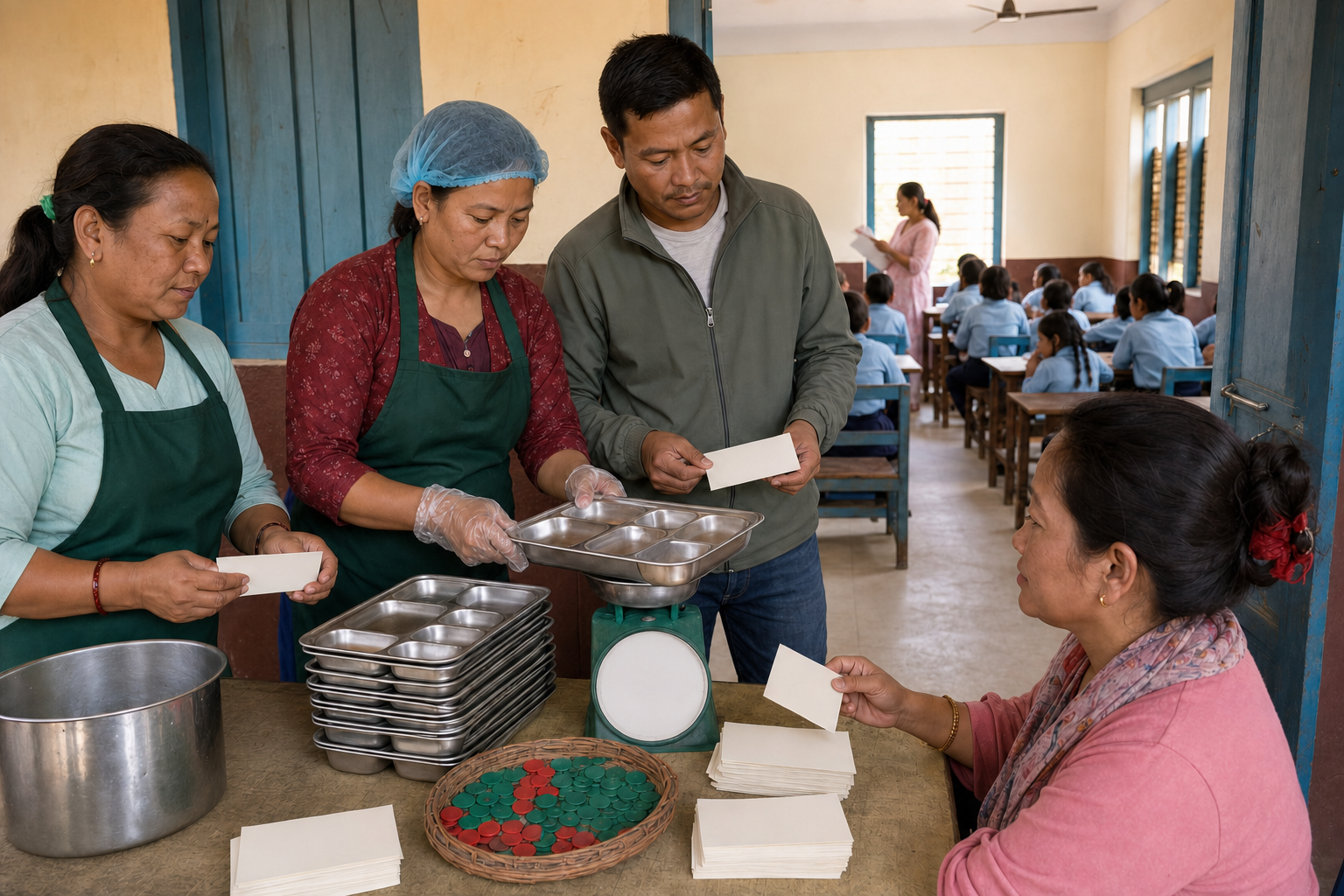 School and kitchen staff inspect returned meal containers and supplies while students continue a classroom lesson in the background.