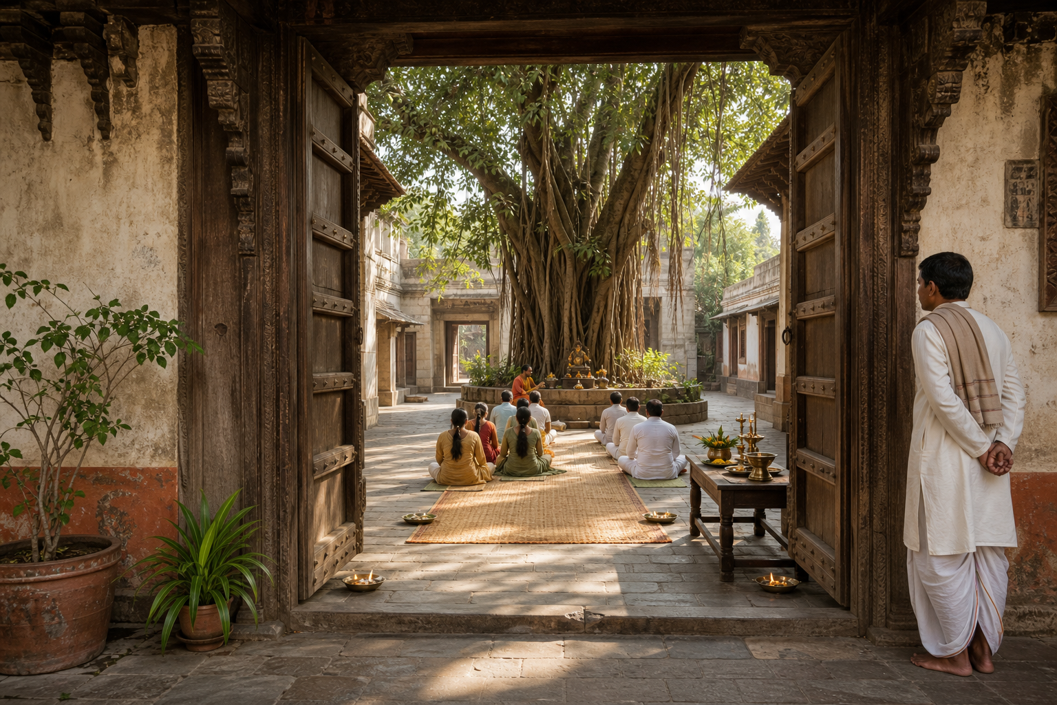 An open heritage-site entrance leads to a small banyan-tree gathering managed with protective mats, boundaries and a clear emergency path.