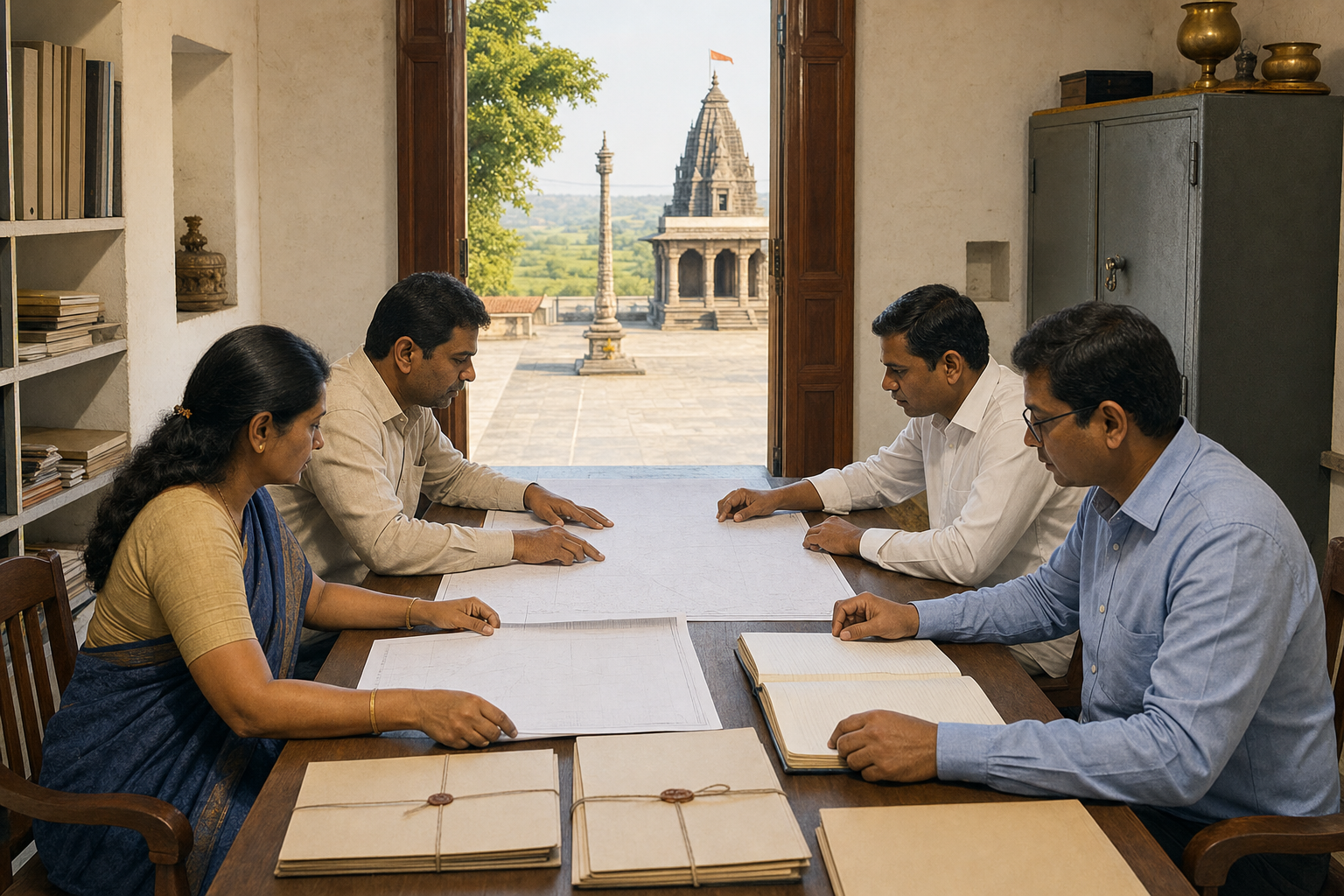 People survey boundaries, maintain a temple landscape, inspect records, and repair fencing across one continuous rural scene.