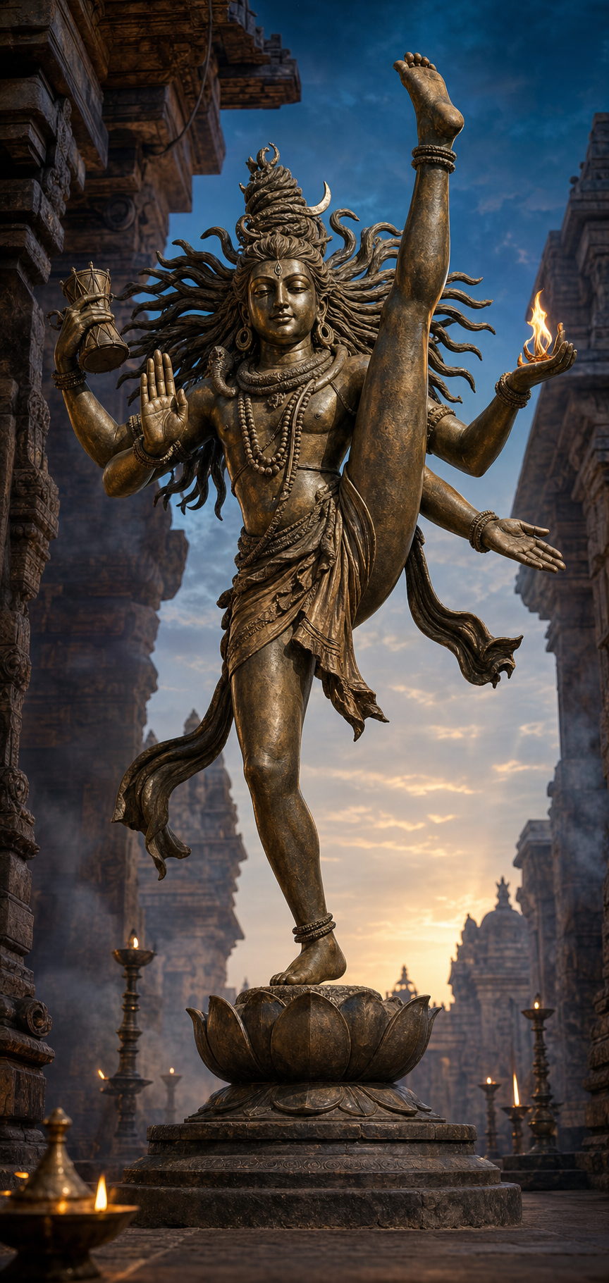 Shiva performs an upward dance in a dawn-lit temple courtyard, with one foot grounded and the other leg raised beside his body.