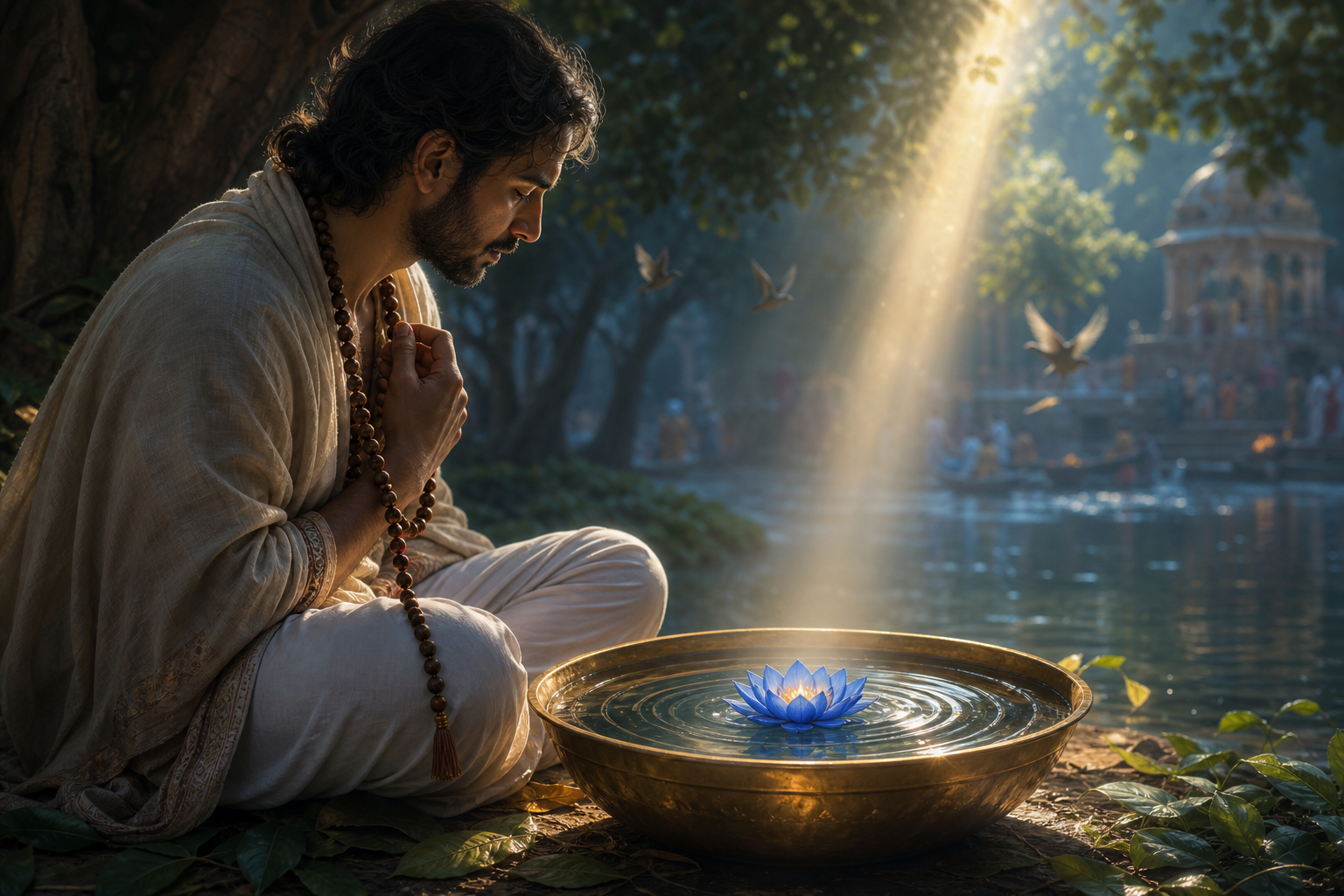 A seated devotee meditates in a simple sanctuary while concentric layers of light surround the heart and village life is visible through an open doorway.