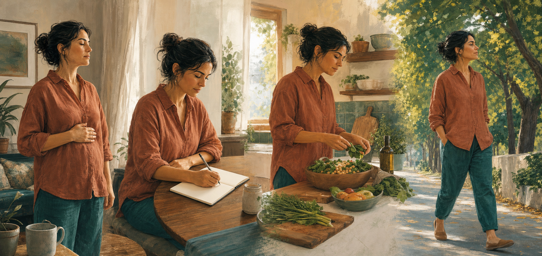 Four connected scenes show a person setting down a phone, grounding their feet, breathing slowly, and preparing a meal for an older relative.