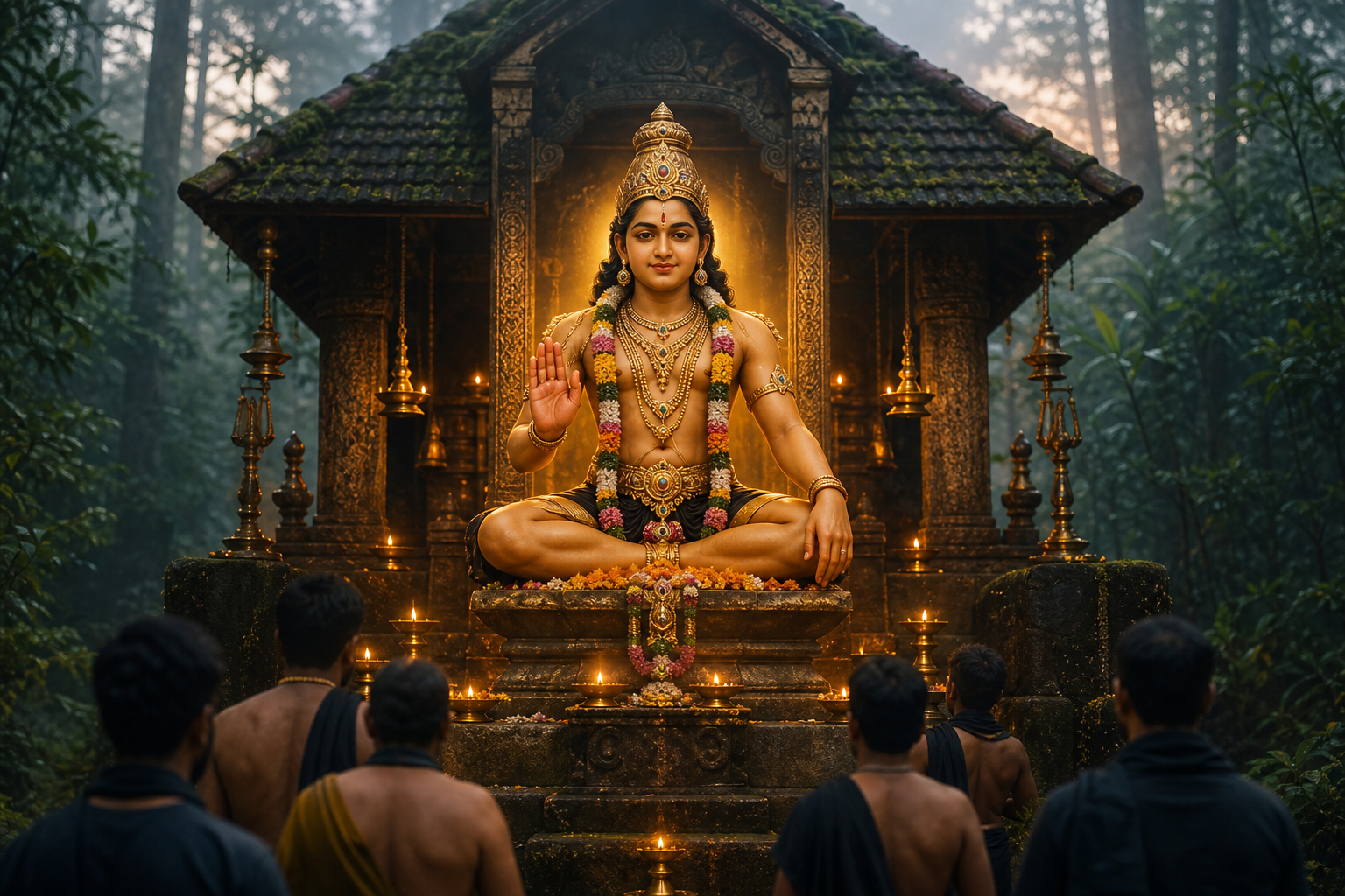 Lord Ayyappa seated in a yogic posture at a lamp-lit forest shrine as devotees approach at dawn.