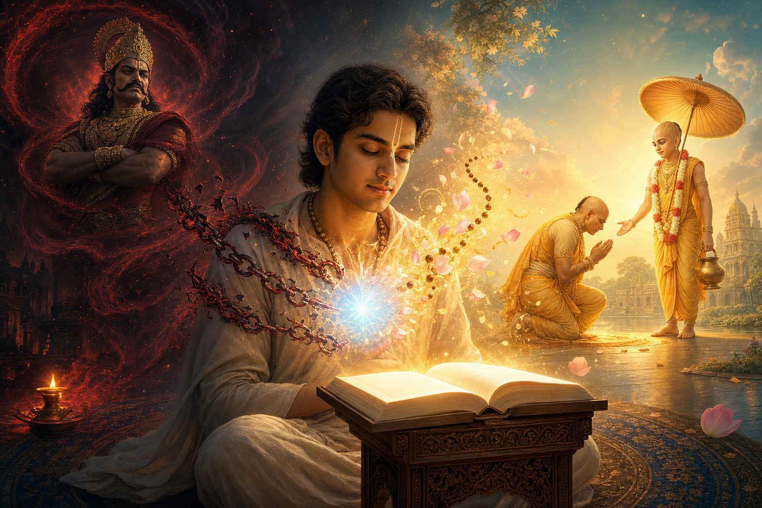 A practitioner reads Śrīmad-Bhāgavatam as dark chains dissolve into golden light, between Hiraṇyakaśipu and Bali Mahārāja bowing before Lord Vāmanadeva.