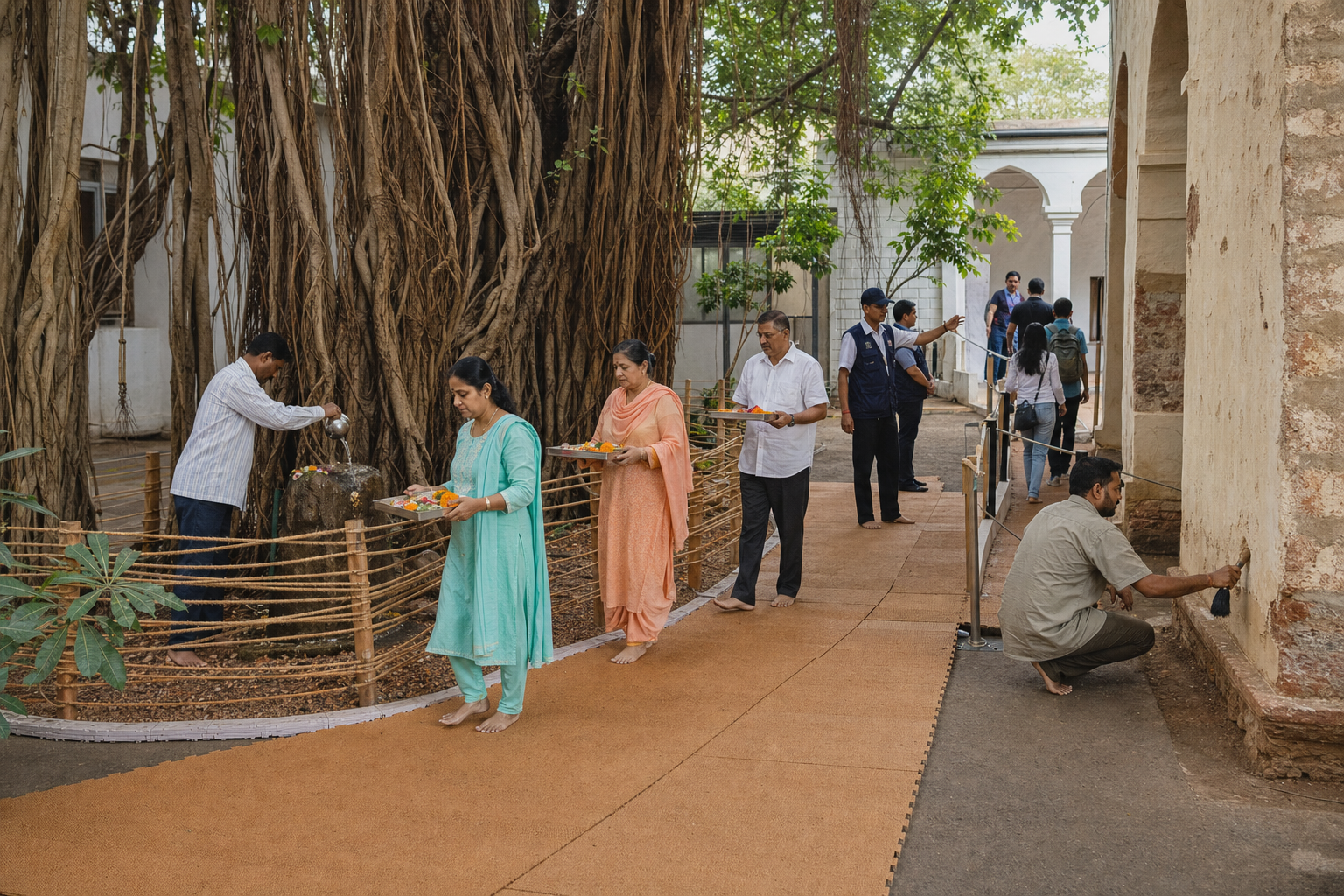 Worshippers circle a banyan tree on a protective surface as stewards preserve visitor access and safeguard the roots and historic masonry.