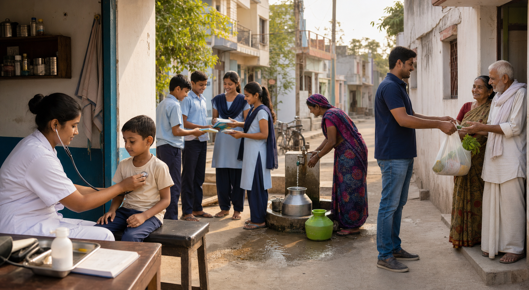 A neighborhood scene shows a child receiving a health check, students receiving supplies, residents using a water point, and volunteers delivering groceries.