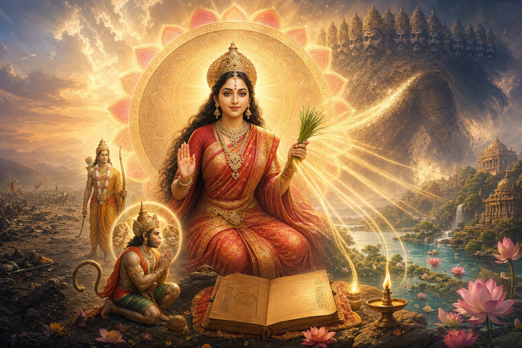 Goddess Sita as Adi Shakti radiates protective light beside Hanuman and Rama, restoring a battlefield to a lotus-filled landscape.