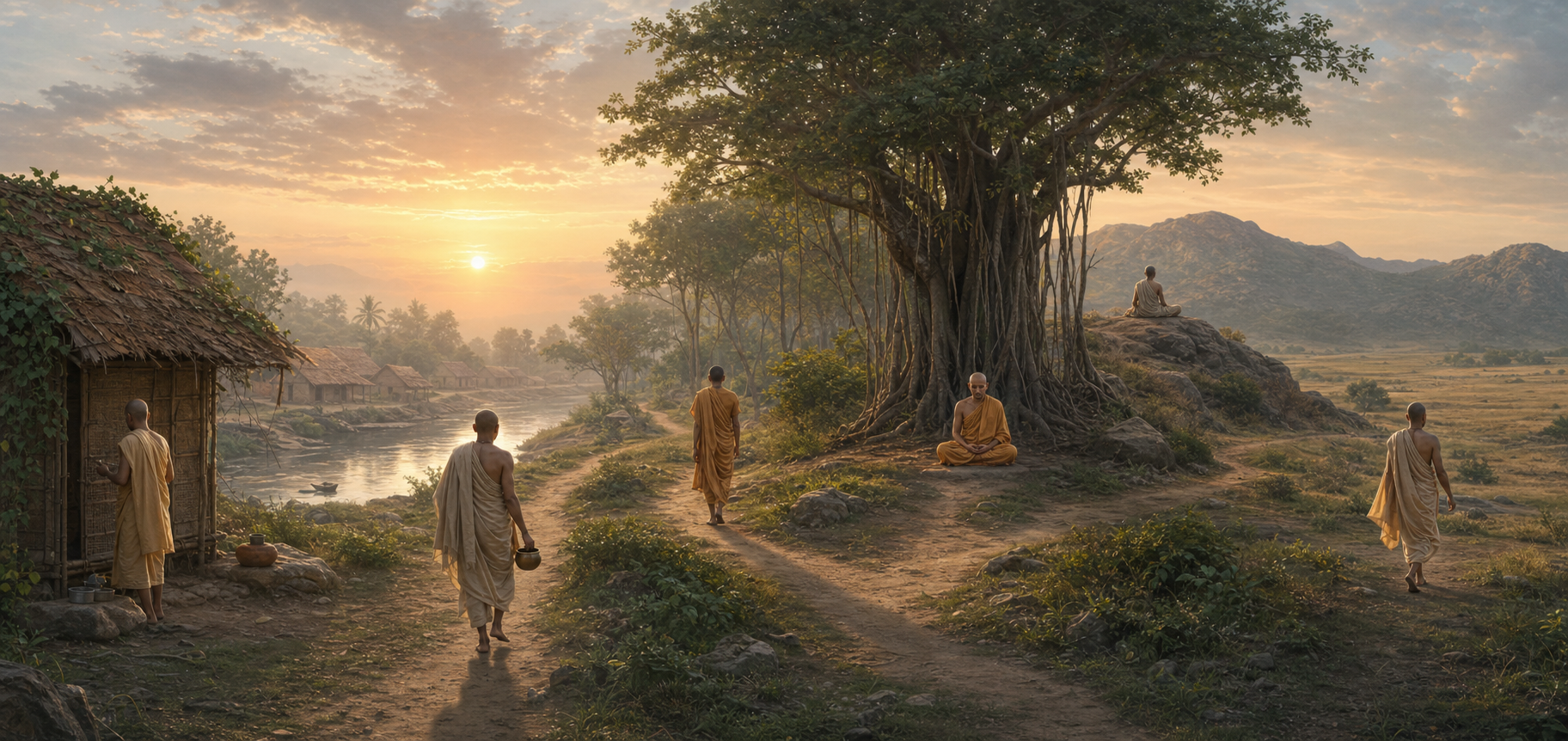 Six renunciants occupy connected settings ranging from a small hut and riverside village to a forest, mountain ridge, and open plain at dawn.