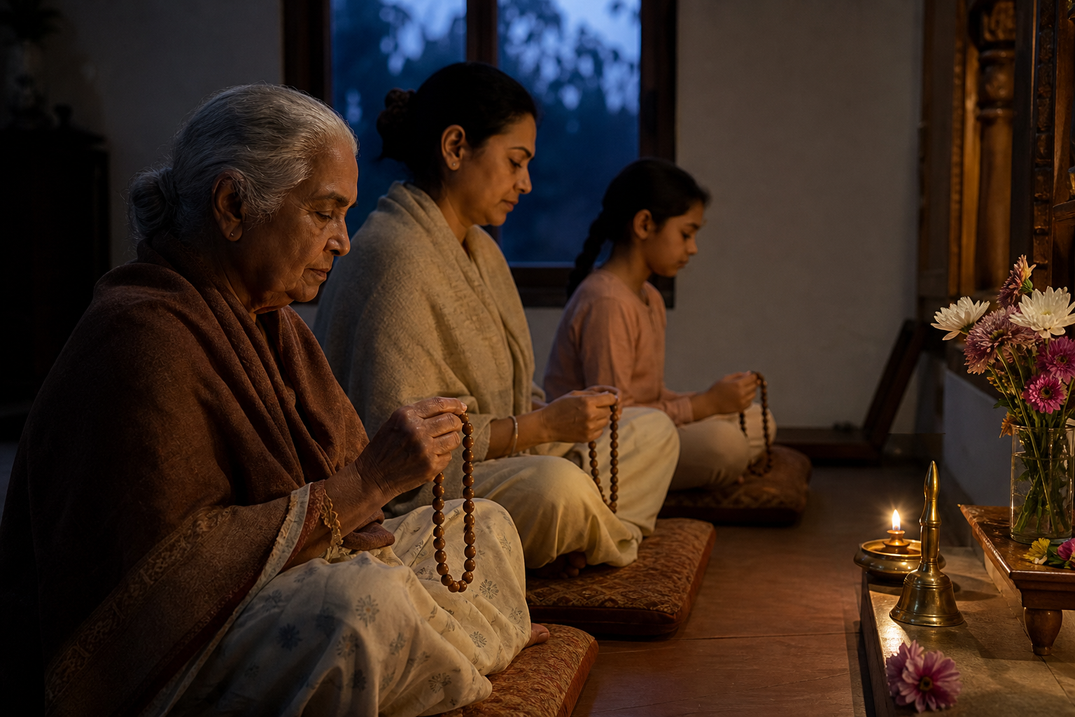 Three generations sit together at dawn using wooden prayer beads beside flowers and a small oil lamp.