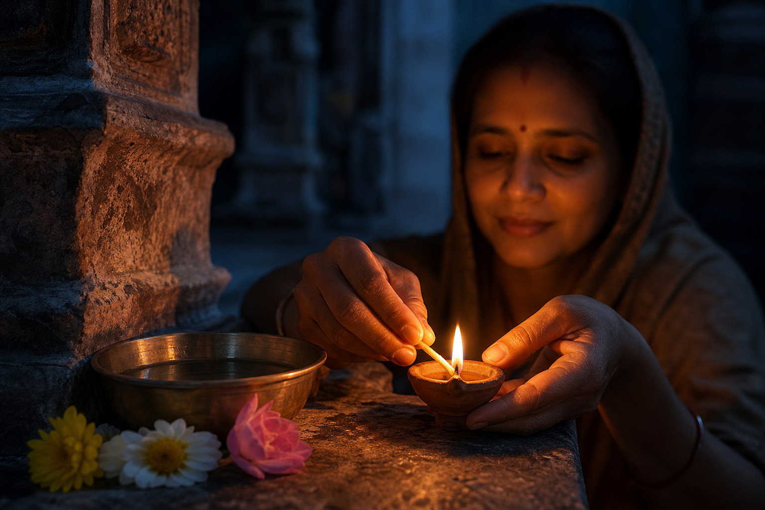 A devotee lights a clay lamp beside water and fresh flowers at a simple altar in a softly illuminated temple.