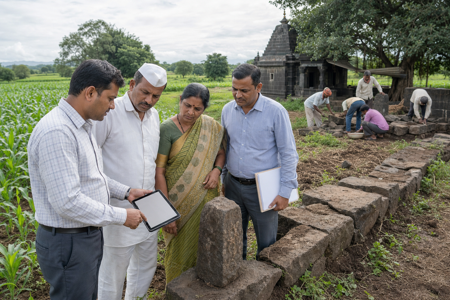 A surveyor, temple custodian, farmer, and local officer verify boundary stones beside temple farmland.