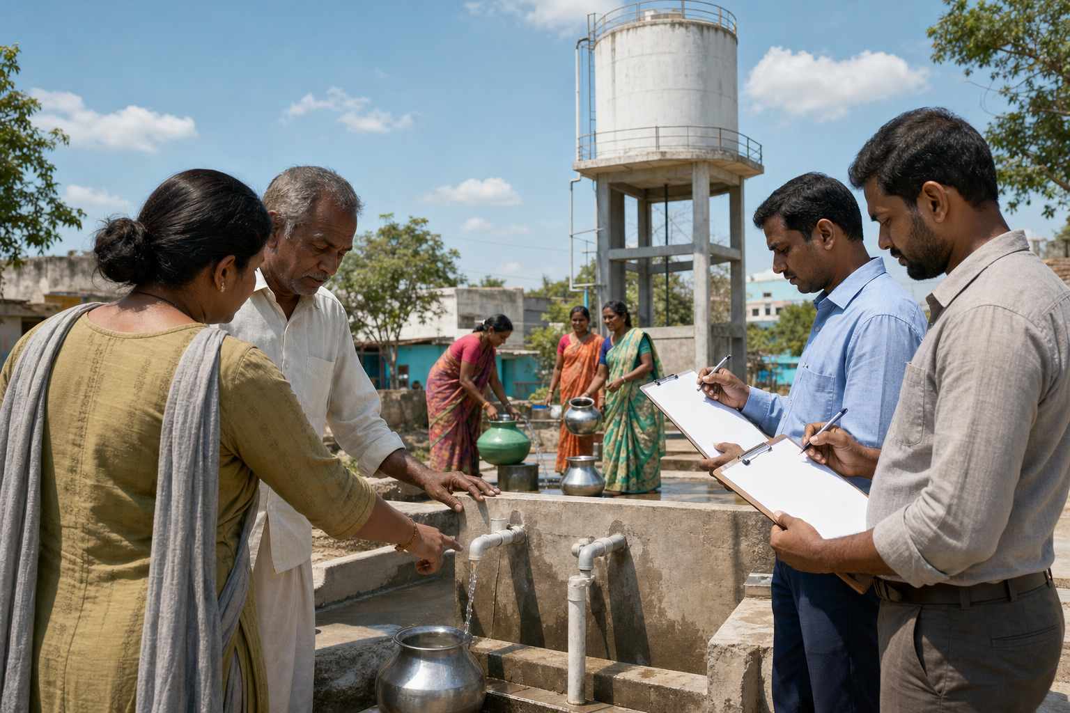 Residents, volunteers, and independent observers inspect a repaired community water facility while local people use it.