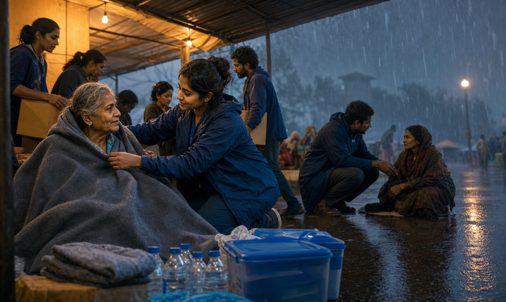 A composed volunteer wraps an older adult in a dry blanket while other volunteers organize supplies in a rain shelter.
