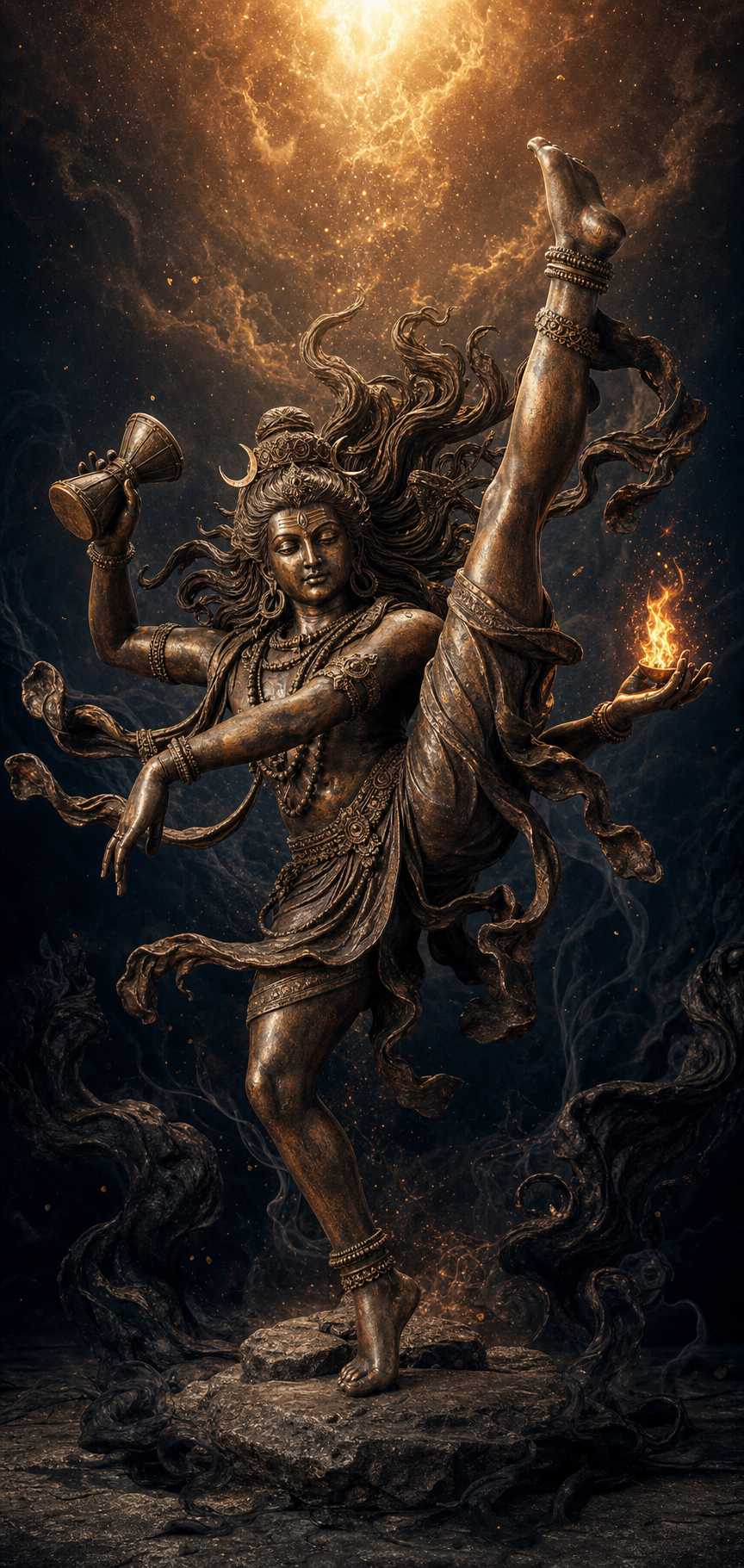 A vertical study of Shiva's dance shows the grounded foot below, the drum and flame at the center, and the raised leg reaching into light above.