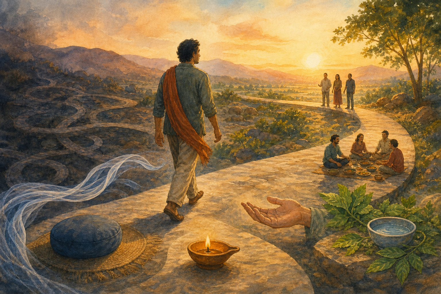 An adult walks from a dark looping path toward dawn, passing a meditation cushion, lamp, medicinal leaves and supportive people.