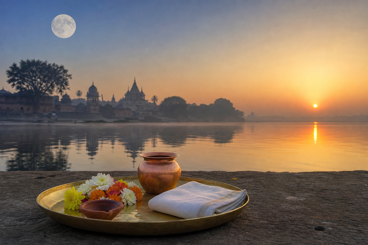 A full moon above an Indian riverside at dawn, with a brass puja tray, flowers, a clay lamp, and a copper vessel in the foreground.