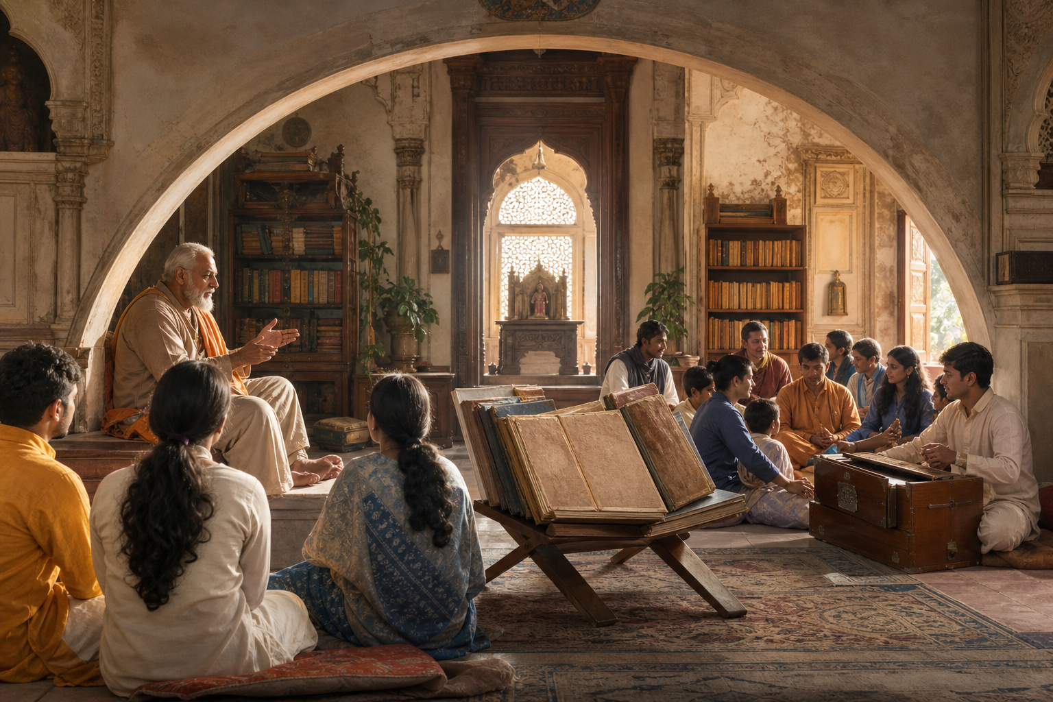 An elderly teacher, sacred books on a wooden stand, and a mixed-age congregation occupy connected areas of a temple library.