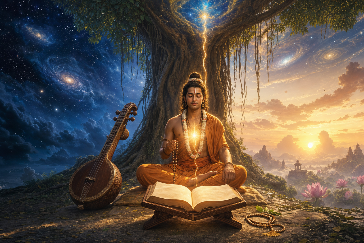 Nārada Muni meditates beneath a banyan tree beside a vīṇā and open scripture as divine light connects a cosmic night sky with dawn.