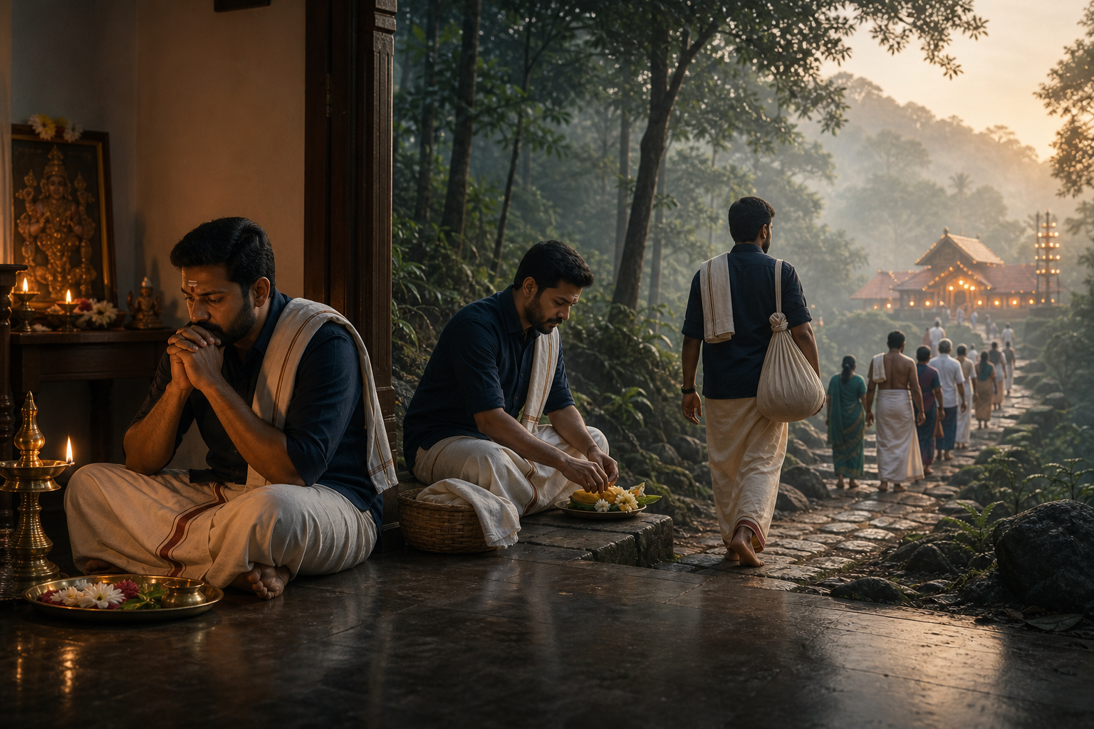 A devotee moves from quiet prayer and offering preparation to a disciplined group pilgrimage along a forest path.
