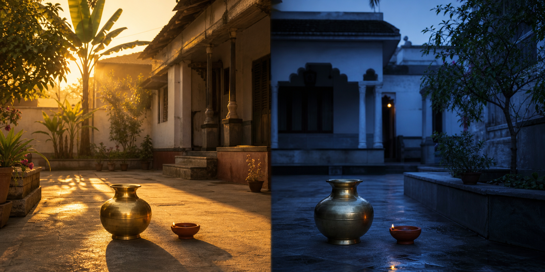 Two Indian courtyards shown side by side, one in golden morning light and the other in blue predawn shade.