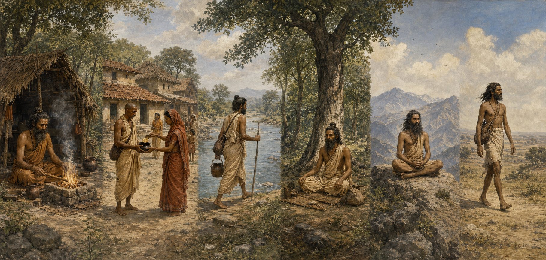 Six equal vignettes show renunciants living by a hut, seeking alms, traveling, dwelling in a forest, meditating in highlands, and wandering beneath open sky.