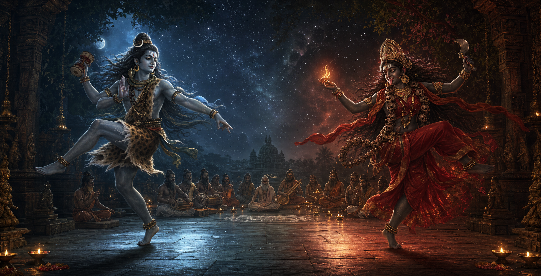 Shiva and Kali dance on opposite sides of a sacred stone hall as musicians and sages observe beneath an open night sky.