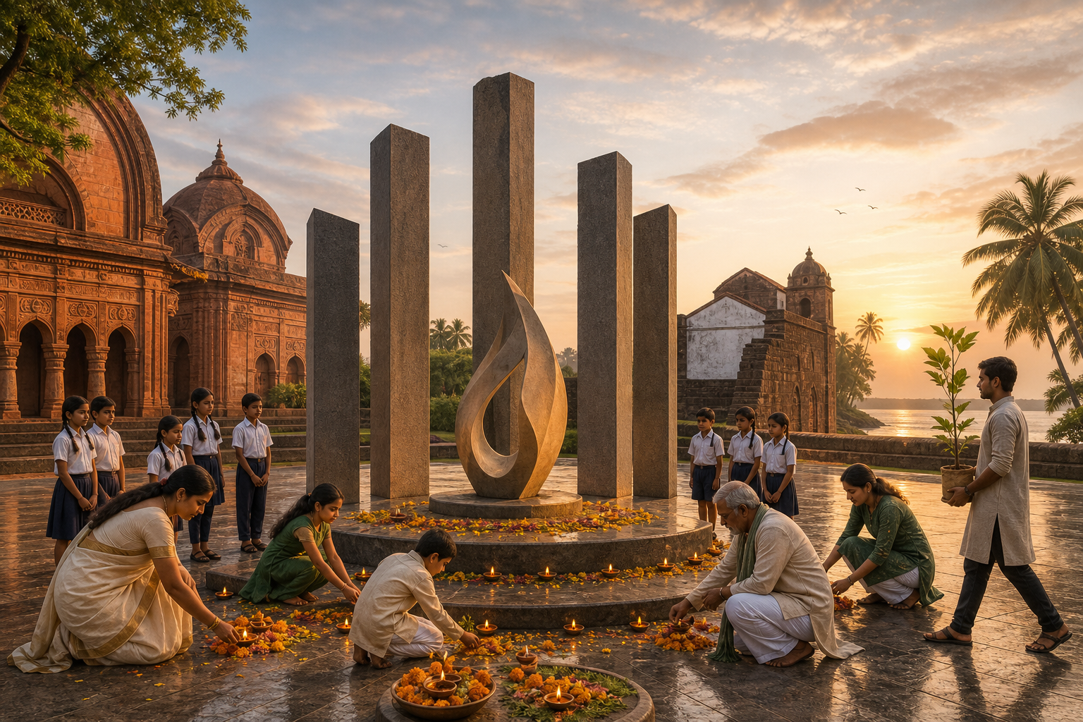 Citizens, schoolchildren and a volunteer gather around an abstract memorial flame framed by Bengal-inspired terracotta and Goa-inspired laterite architecture.