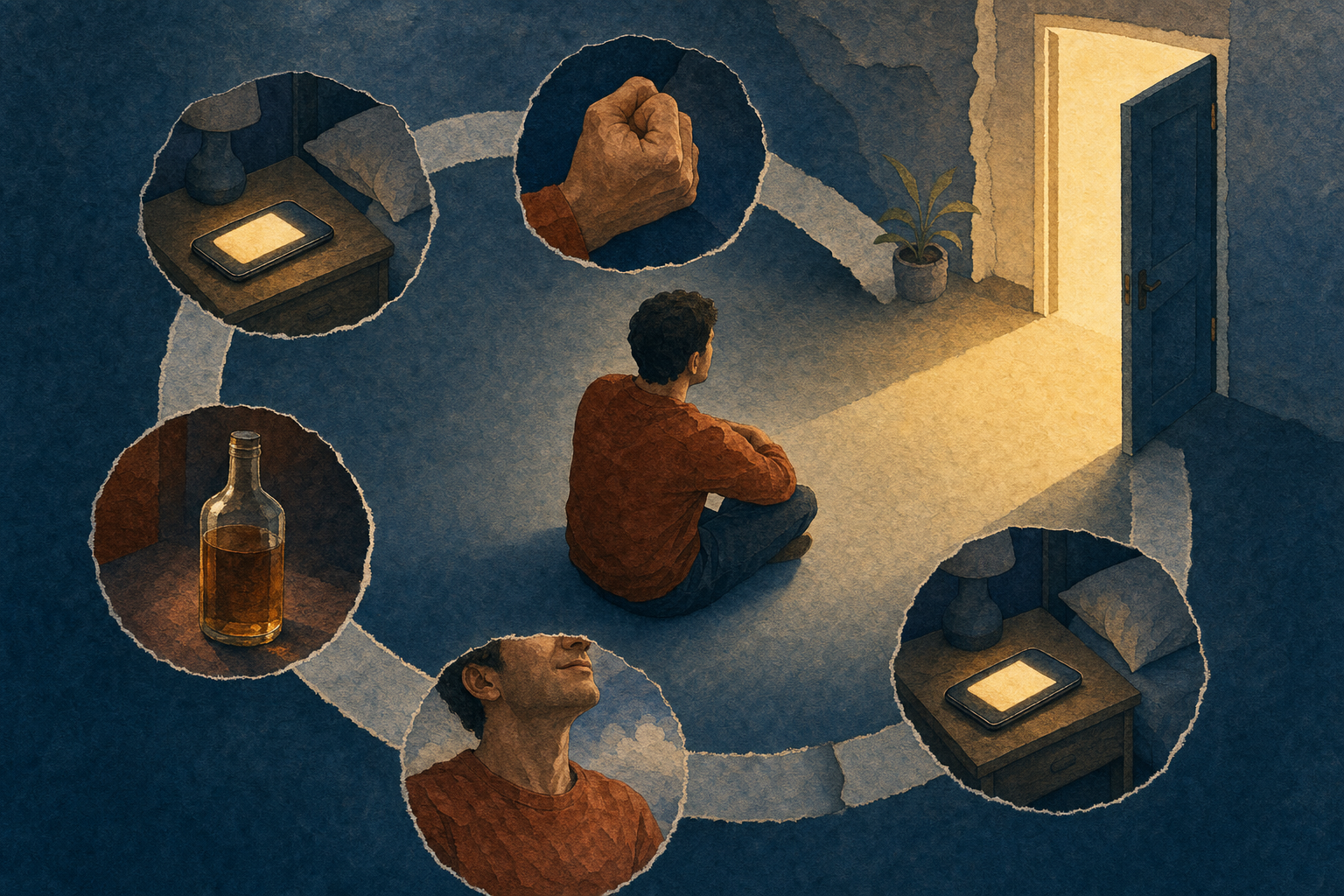 A seated adult is surrounded by a circular sequence of a phone, clenched hand and unlabeled bottle, with an open doorway breaking the loop.