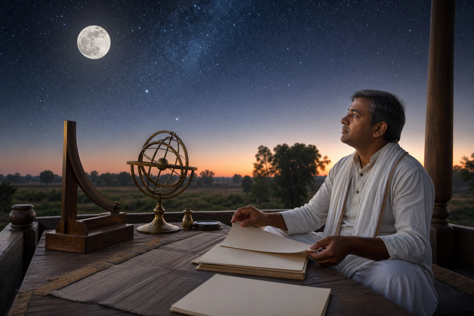A calendrical practitioner on a veranda observes the full moon beside a brass astronomical instrument and blank folios before dawn.