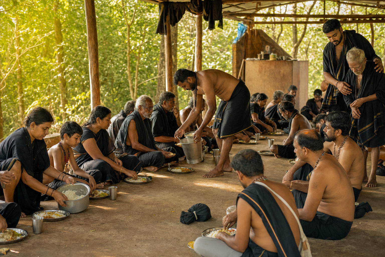 Pilgrims share a simple meal and assist an older traveler in an open shelter beside a Kerala forest.