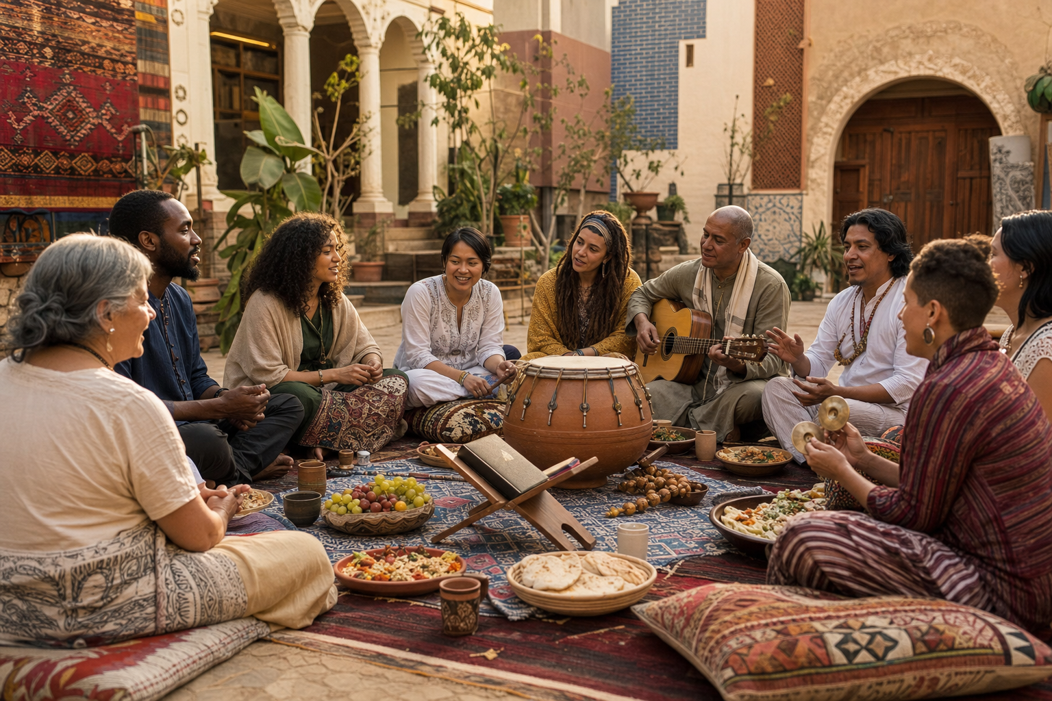 Devotees from varied cultural backgrounds share music and a meal around devotional objects in a sunlit courtyard.