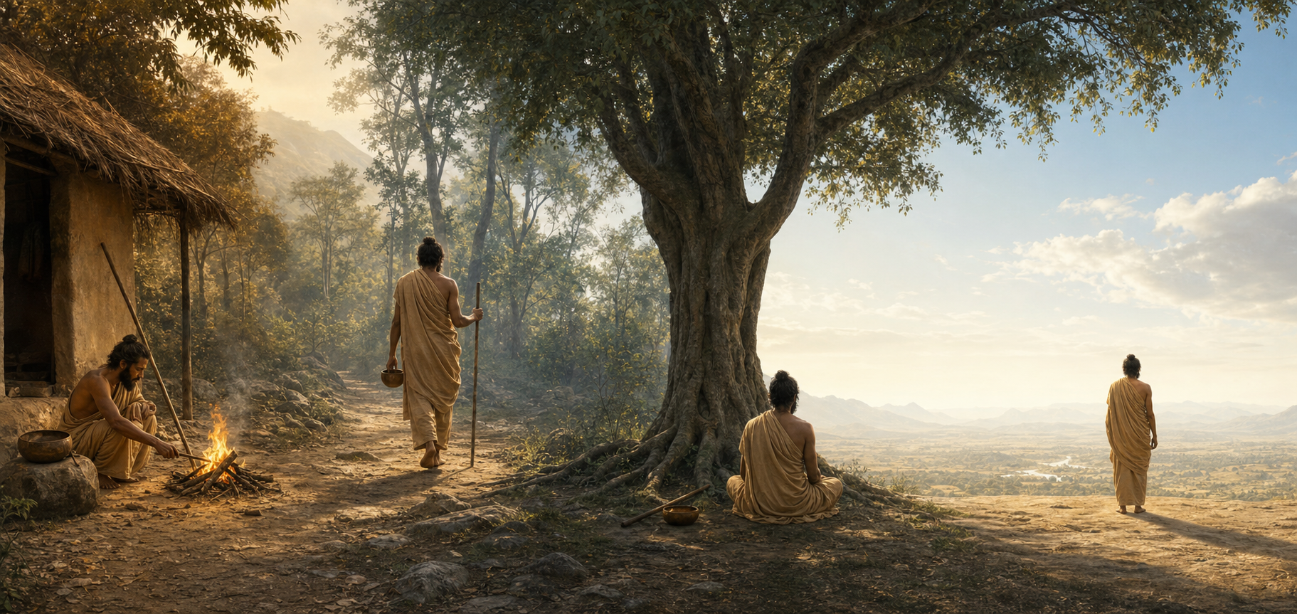 Four connected scenes show a renunciant tending a fire, traveling with simple possessions, meditating after setting them aside, and standing empty-handed in an open landscape.