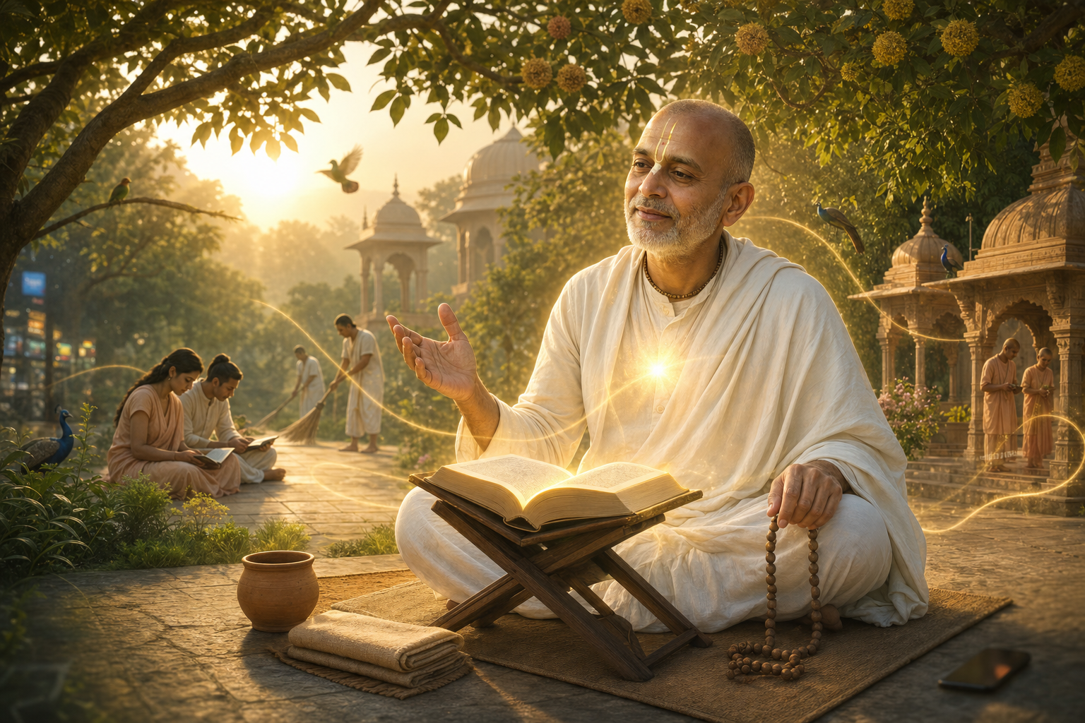 Gaudiya Vaishnava teacher beside a glowing open Śrīmad-Bhāgavatam in a sunlit Vrindavan temple garden.