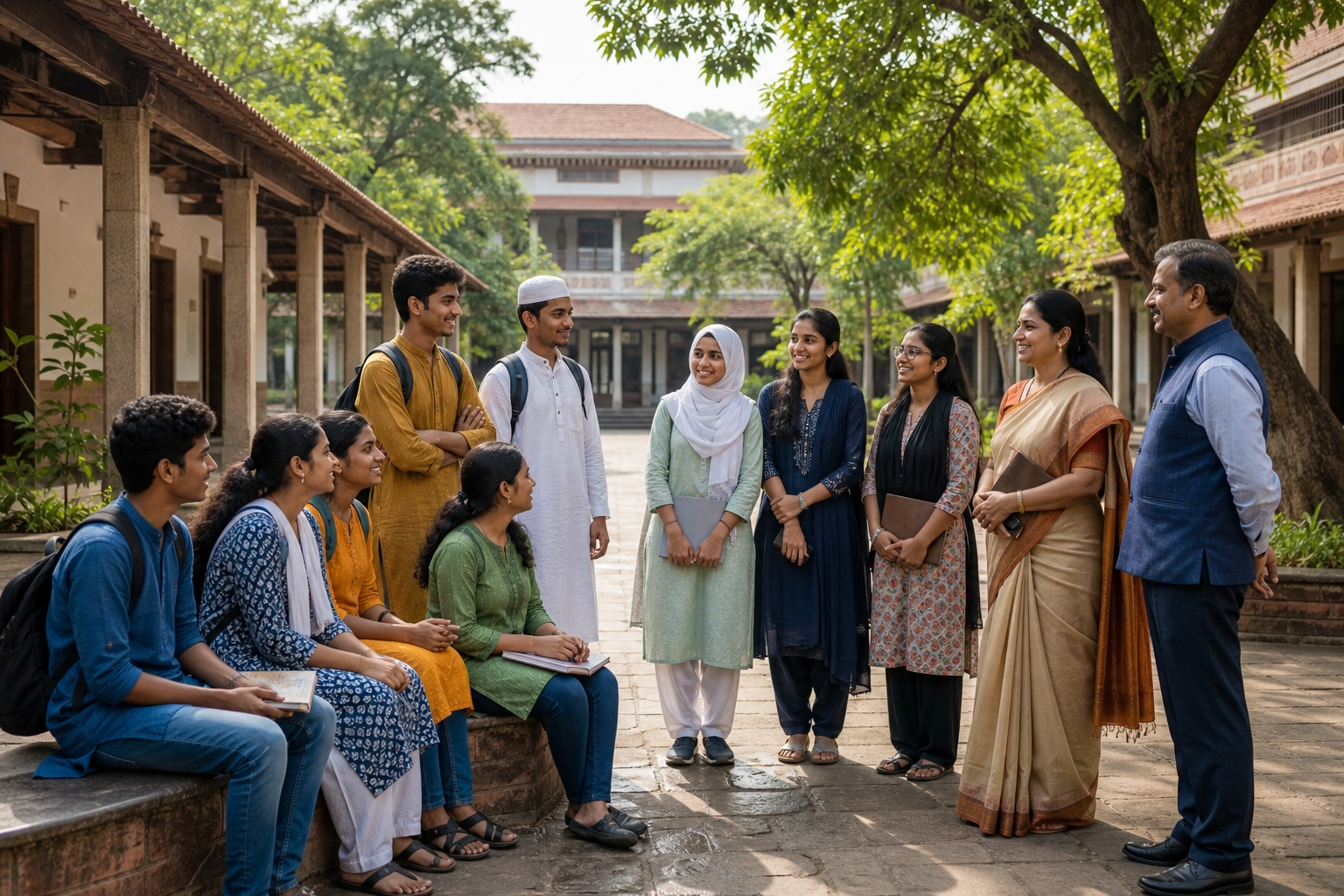 Students and education staff gather in a sunlit Maharashtra campus courtyard with school buildings and monsoon greenery behind them.
