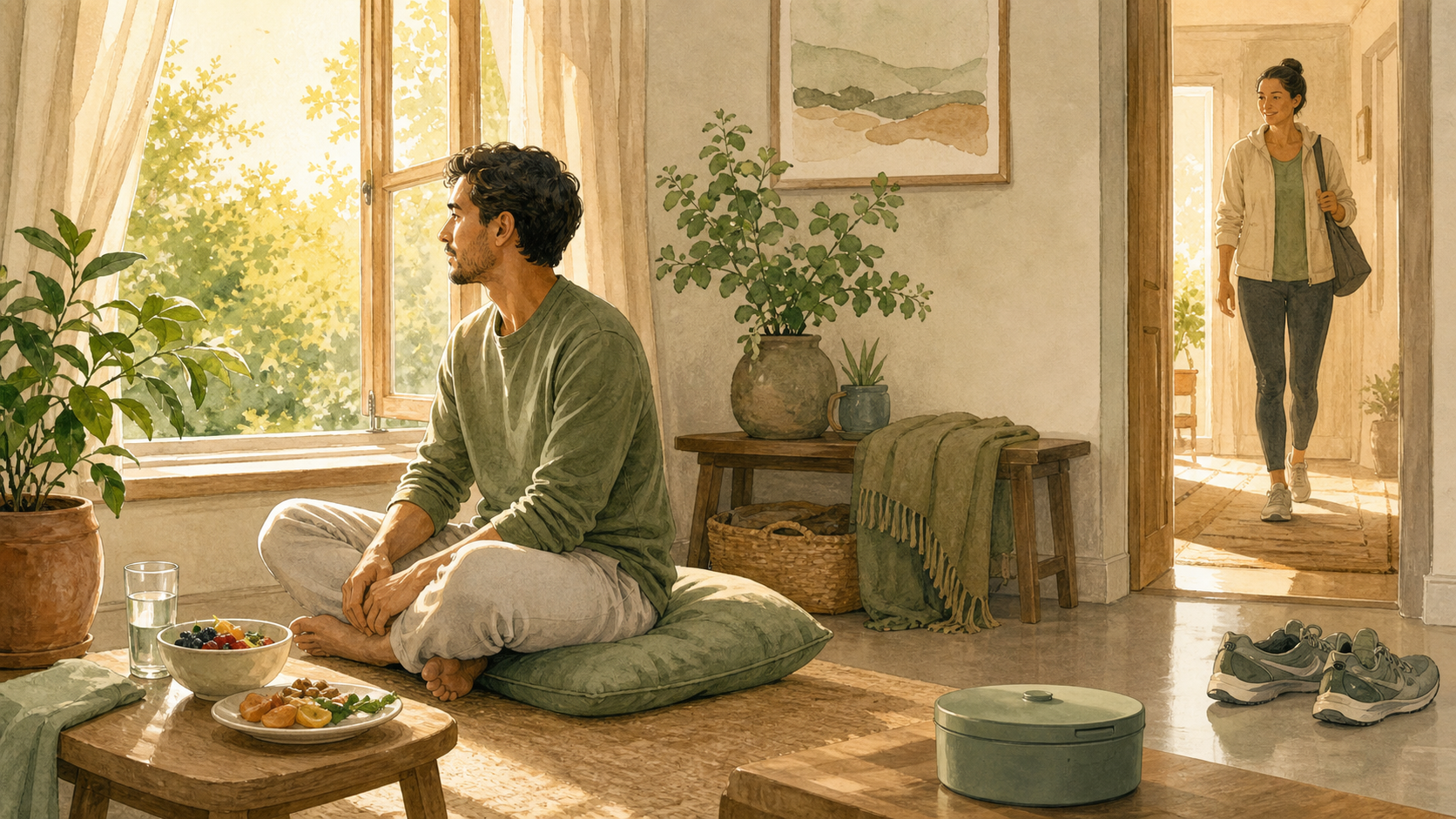 An adult meditates in a sunlit room with breakfast, water and walking shoes nearby as a supportive companion arrives.