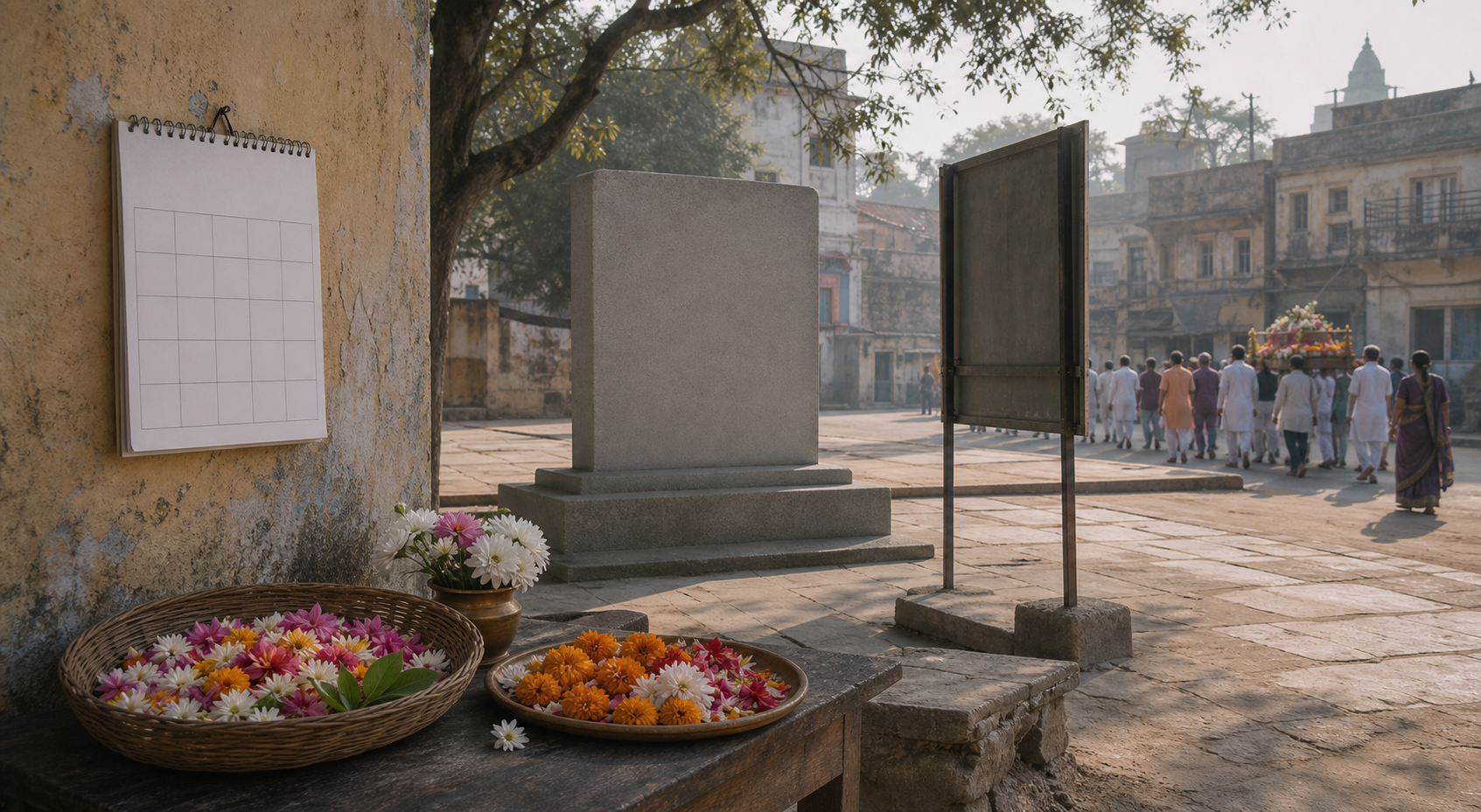An Indian town square contains an uninscribed memorial, an unreadable street sign, an unmarked calendar and flower offerings as people gather in the background.