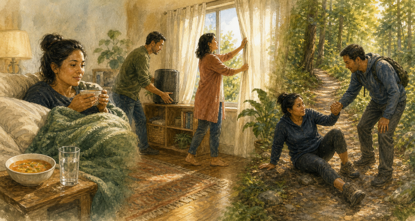 A continuous scene shows an adult resting, a family making the home safer, and a companion helping the adult rise after a stumble.