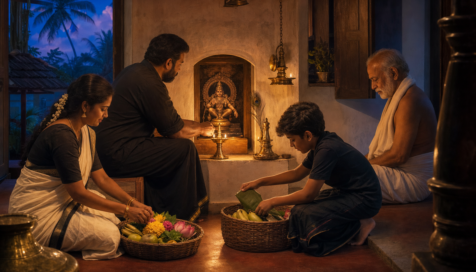 A multigenerational family lights a lamp, prepares offerings and fills a community food basket in a home prayer space.